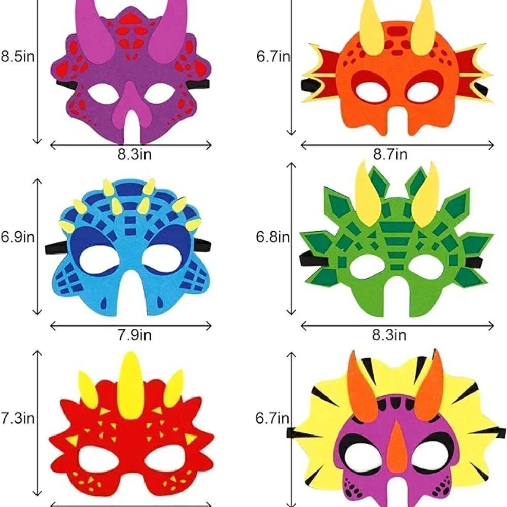 6 Packs Dinosaur Masks Felt and Elastic for Kids  - BIRTHDAY PARTY FUN! NEW